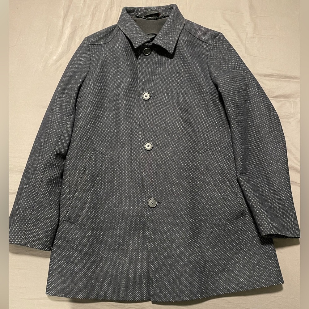 Hugo Boss Navy Blue Wool Coat Medium Men's High Neck Jacket Topcoat Overcoat